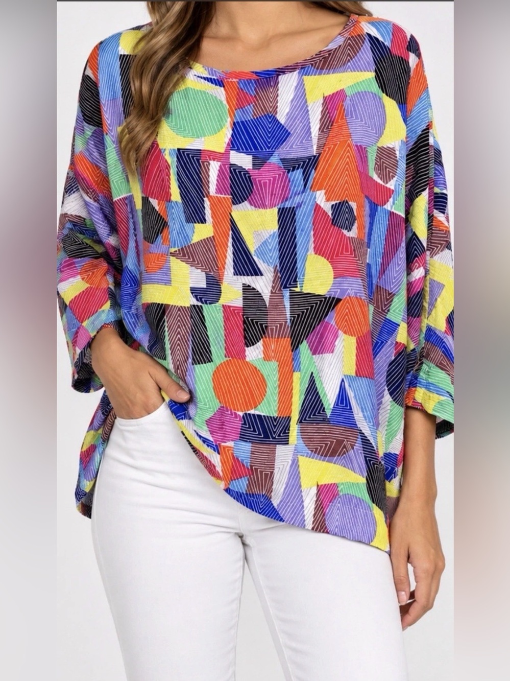 Ali Miles Crinkle Tunic Top Multicolor Geometric Abstract Size M.